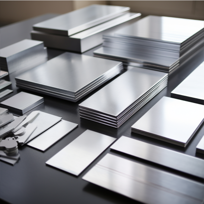 The image depicts a collection of aluminum sheets and components of various sizes and thicknesses, neatly arranged on a surface. These metal parts are likely intended for industrial or manufacturing purposes, such as electronic enclosures, panels, or structural components. Their polished finish suggests a focus on quality and precision, which is common in industries like electronics, automotive, and aerospace.