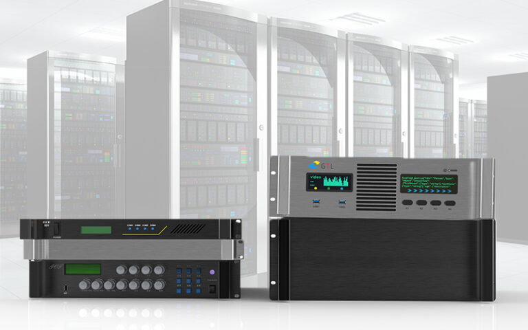 The image shows a set of 19-inch rackmount enclosures displayed in a server room environment. These enclosures are designed for housing electronic equipment, such as servers, communication devices, or industrial controllers. They feature customizable front panels with various controls, ports, and displays, highlighting their versatility and suitability for professional, industrial, or IT applications. The background of server racks reinforces their purpose in data centers or high-tech environments.