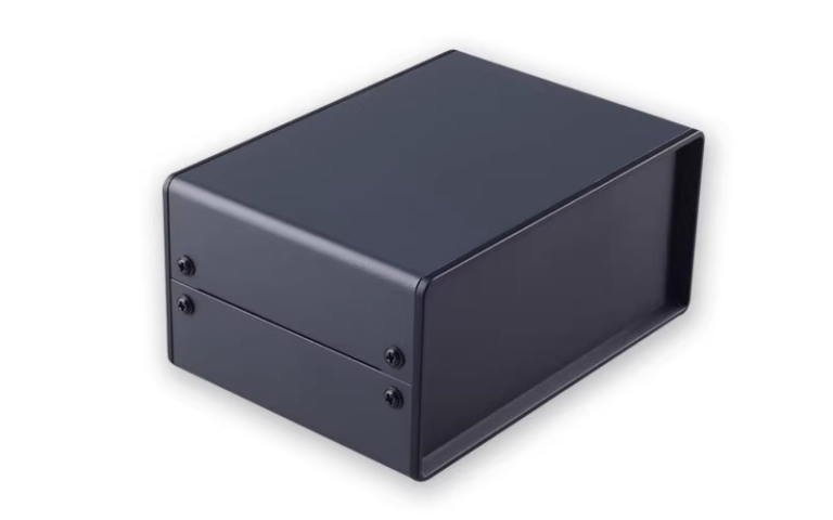 Black electronic enclosure box, sturdy and customizable