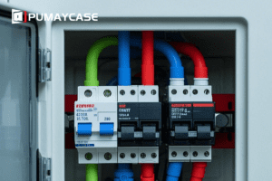 Electrical control panel with colorful wiring, showcasing durable circuit breakers and professional assembly