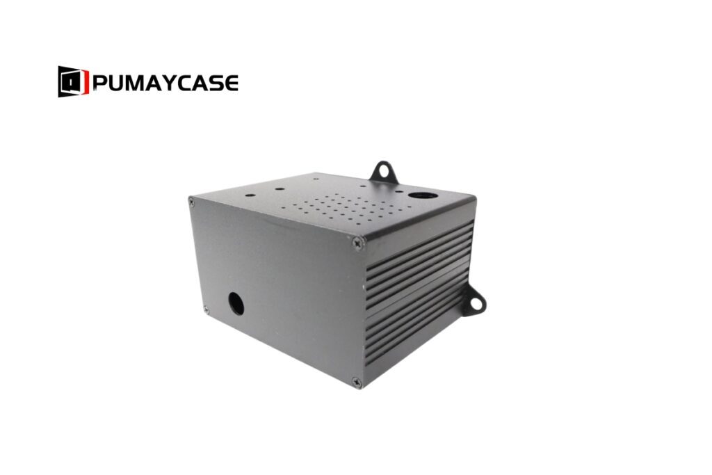 Custom aluminum enclosure, black, with ventilation holes and mounting brackets