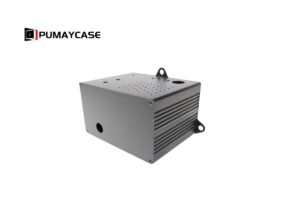 Custom aluminum enclosure, black, with ventilation holes and mounting brackets