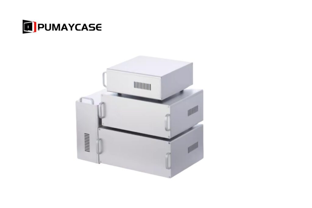 Stacked aluminum enclosures, silver, with ventilation slots and handles