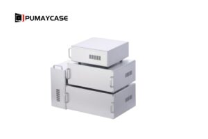 Stacked aluminum enclosures, silver, with ventilation slots and handles