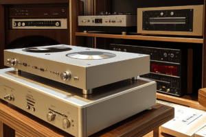 High-end audio amplifiers on wooden shelves
