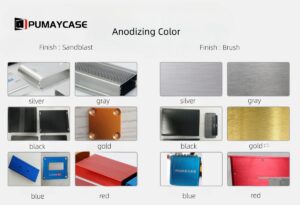[Anodizing color options for electronic enclosures: silver, gray, black, gold, blue, and red finishes.