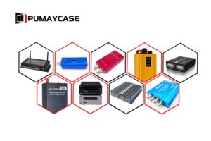 Custom electronic enclosures and amplifier boxes for industrial use, available in various colors and designs.