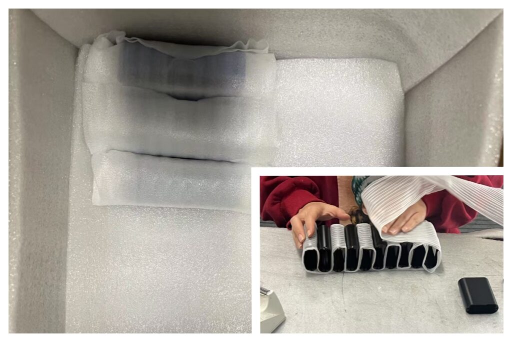 Protective foam packaging for electronic enclosures to ensure safe shipping.