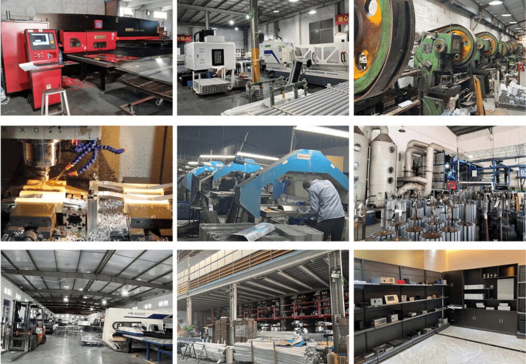 This image collage showcases the modern manufacturing facilities of PUMAYCASE, a professional aluminum enclosure manufacturer based in Foshan, China. It presents different sections of the factory, including: CNC machining centers and laser cutting machines for precision aluminum processing. Punching and forming workshops with mechanical presses for sheet metal fabrication. Bandsaw cutting and assembly areas, where skilled workers handle customized production. Surface treatment and finishing sections, featuring polishing and coating equipment. Material storage and logistics areas neatly arranged with aluminum profiles. A product showroom displaying various custom aluminum housings and electronic enclosures. Overall, this image highlights PUMAYCASE’s comprehensive manufacturing capabilities, advanced equipment, and commitment to high-quality aluminum enclosure production for industrial and electronic applications.