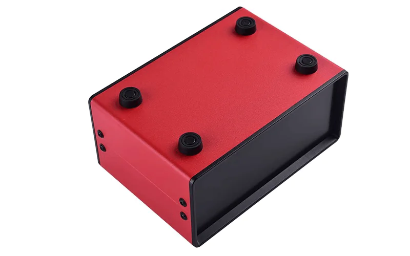 Red Box Bottom View Bottom view of red aluminum enclosure with rubber feet