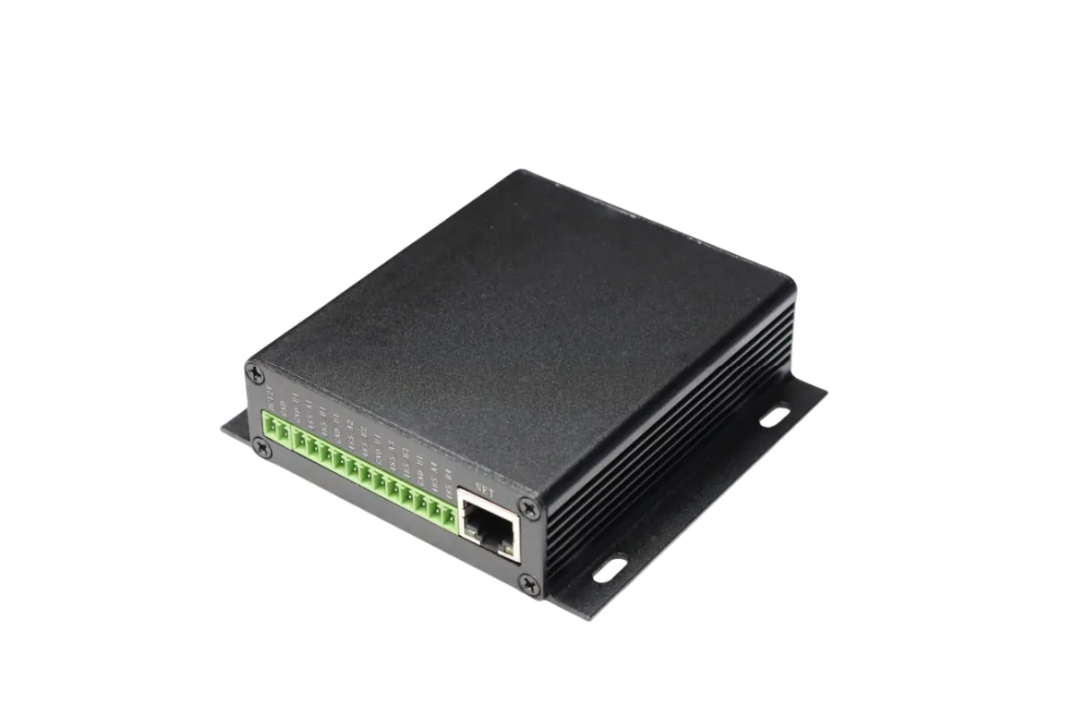 Black Industrial Enclosure Black industrial electronic enclosure with green terminal block
