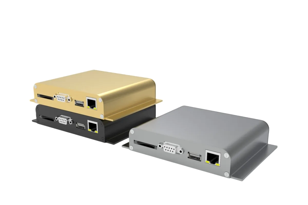 Gold and Grey Enclosure Gold and grey aluminum chassis with ethernet and USB ports