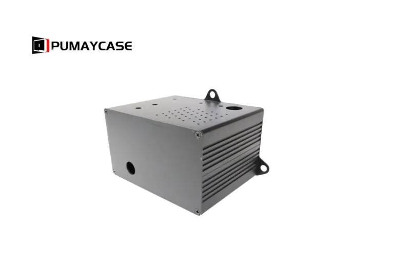 Custom aluminum enclosure, black, with ventilation holes and mounting brackets