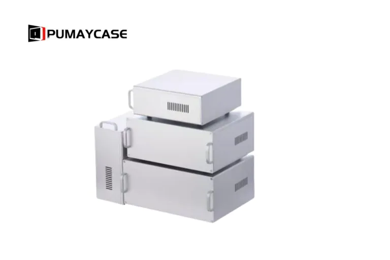 Stacked aluminum enclosures, silver, with ventilation slots and handles