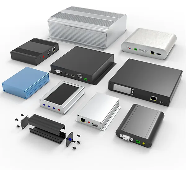 An assortment of extruded aluminum enclosures for electronic devices, showcasing integrated components such as RJ45 ports, USB interfaces, HDMI connectors, and LED indicators, along with an exploded view of the assembly parts.