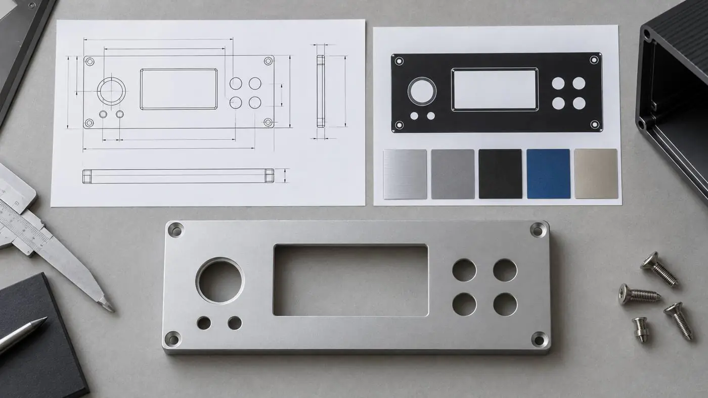 Aluminum front panel, controlled drawing, artwork placement sheet, and finish samples arranged for review.