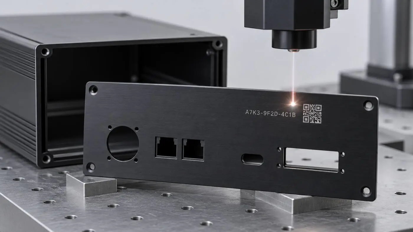 Illustrative laser marking on a dark anodized aluminum front panel with corner fastener holes.