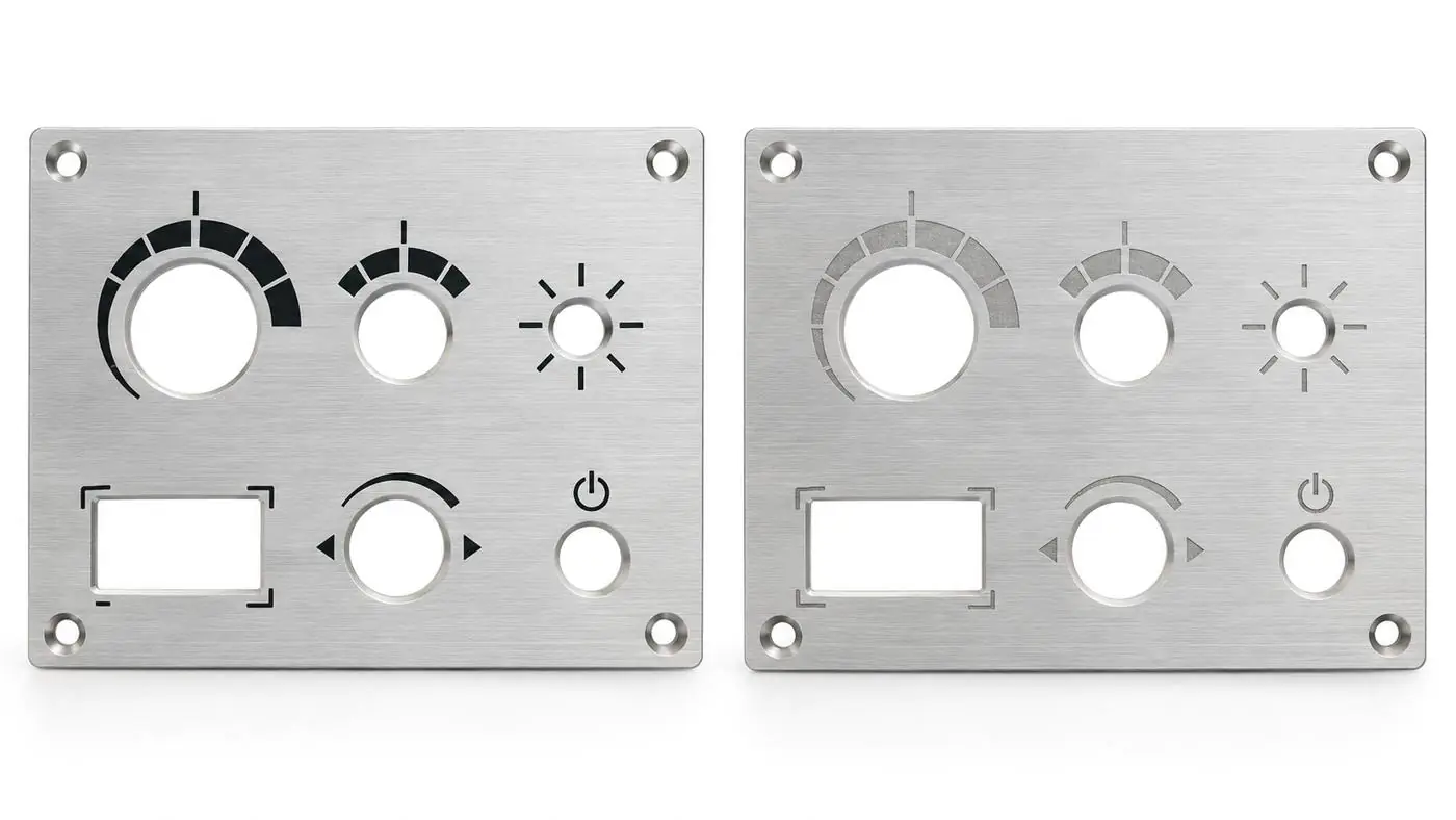 Two generic aluminum front panels comparing printed control symbols with a single-tone marking style.