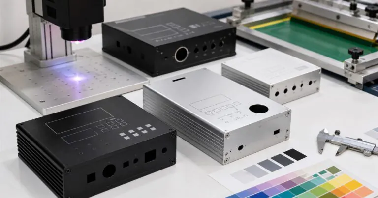 Anodized aluminum electronics enclosure showing laser identification and printed front-panel legends.