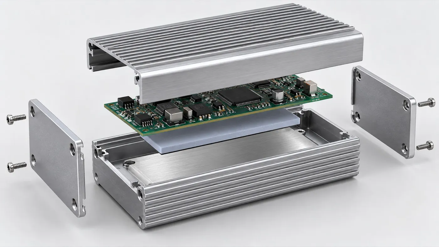 Exploded aluminum enclosure illustration showing a thermal pad between the PCB and a flat internal contact land.