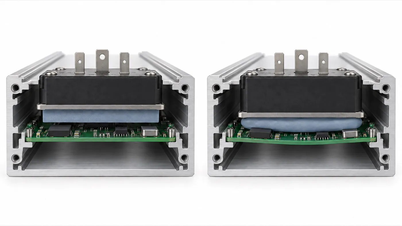 Two aluminum enclosure cross-sections with four corner threaded holes each, comparing thermal pad contact and excessive PCB loading.