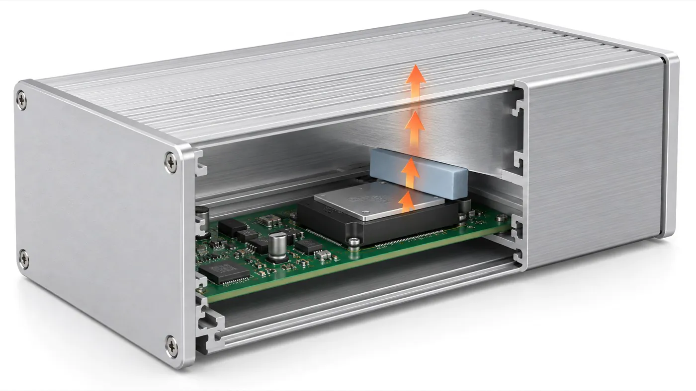 Cutaway illustration showing heat moving from a PCB module through a thermal pad to an extruded aluminum enclosure wall.