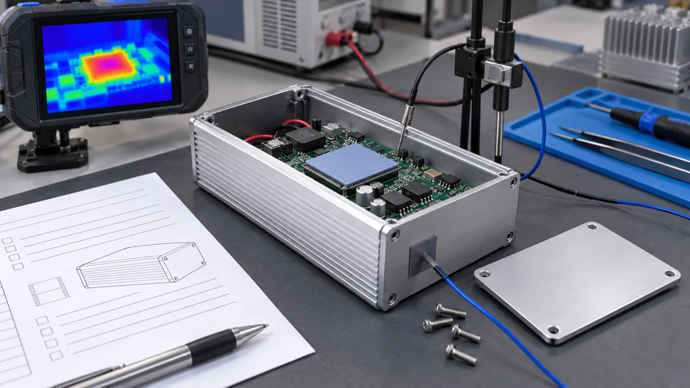 Aluminum enclosure prototype with thermal pad and PCB undergoing a representative engineering temperature and fit check.