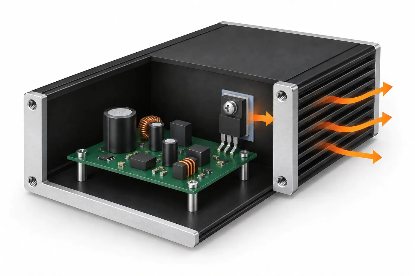 Conceptual heat path from a power device through an interface to a finned chassis wall
