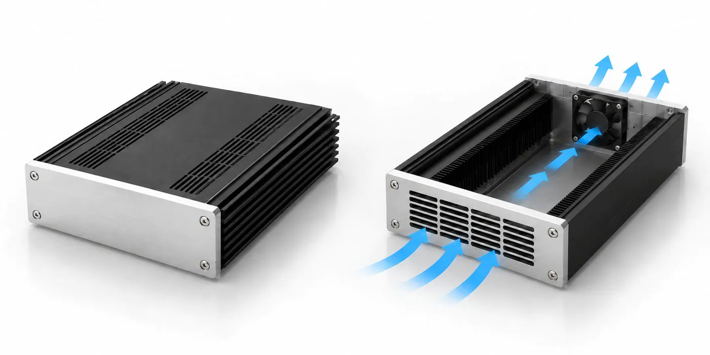 Passive finned amplifier chassis compared with a fan-assisted cooling concept