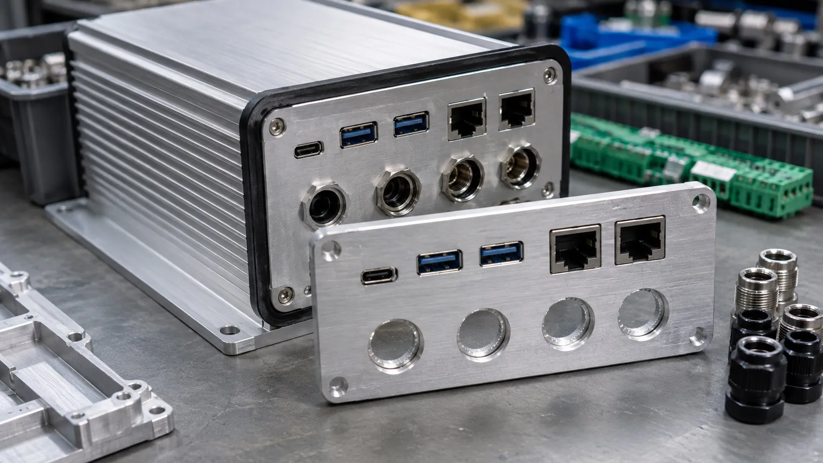 CNC aluminum enclosure connector cutouts for industrial electronics
