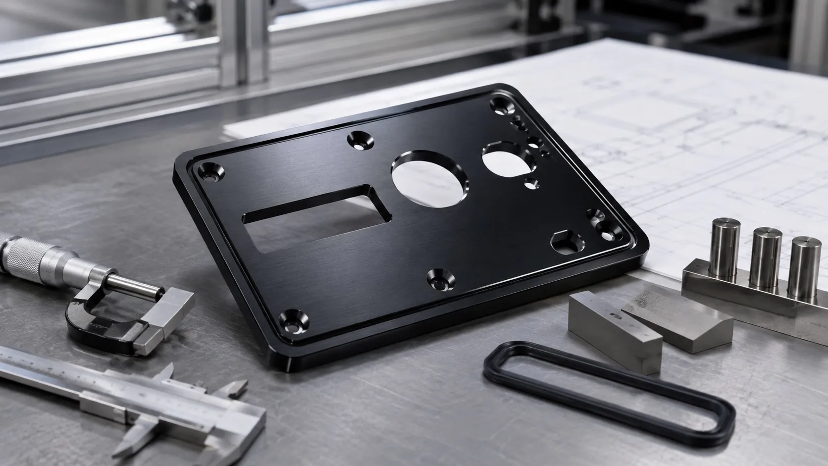 anodized CNC machined aluminum end plate with tolerance and marking notes