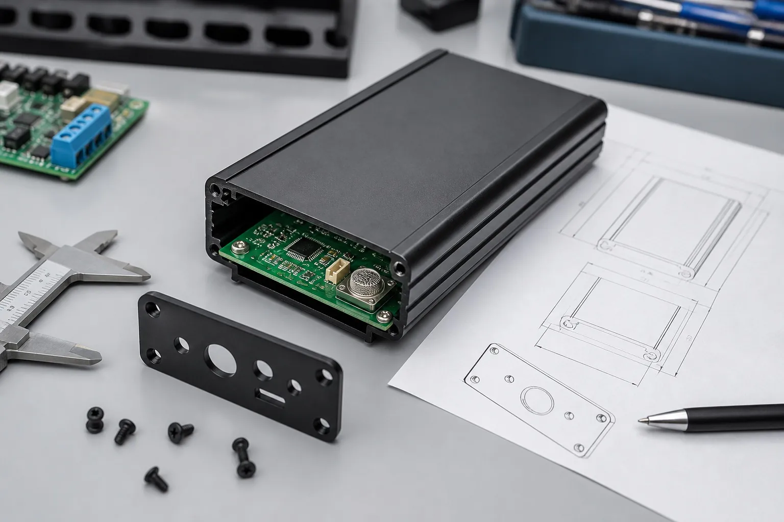 extruded aluminum enclosure for smart sensor prototype with CNC end plates