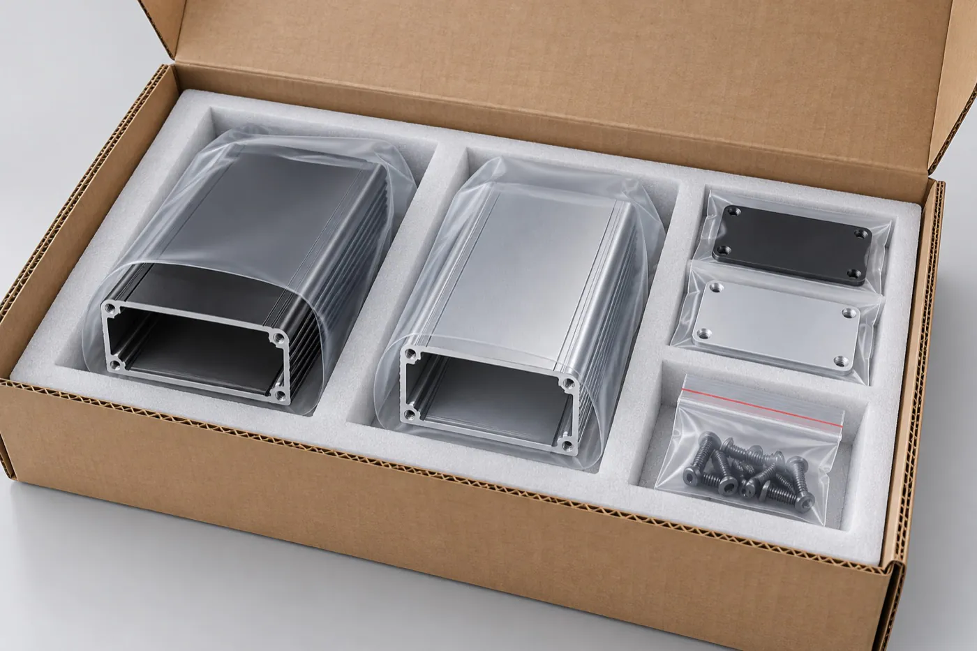 Aluminum enclosures protected with individual separation inside a shipping carton