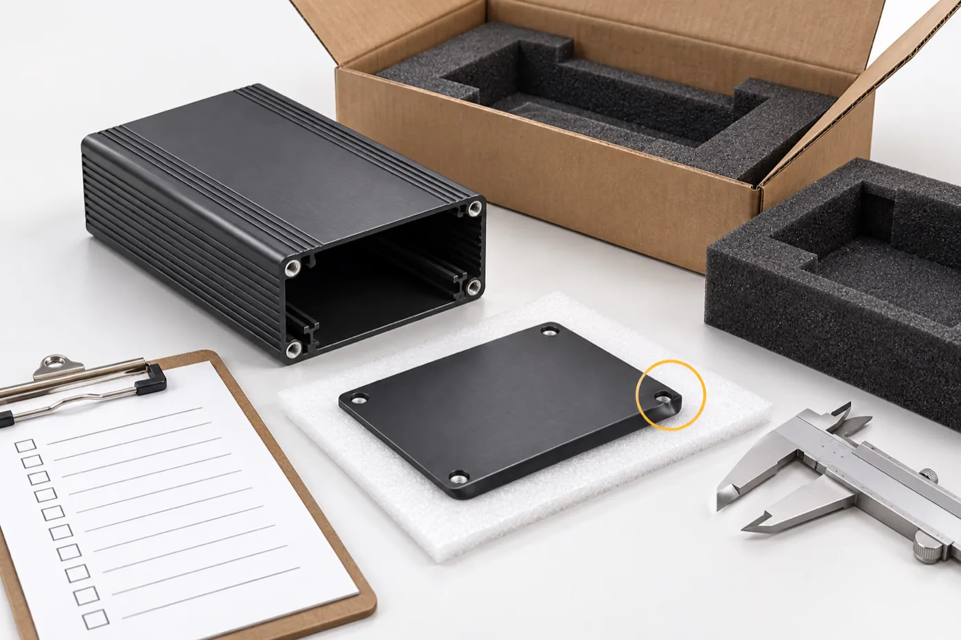Aluminum enclosure components and separate panels prepared for receiving inspection