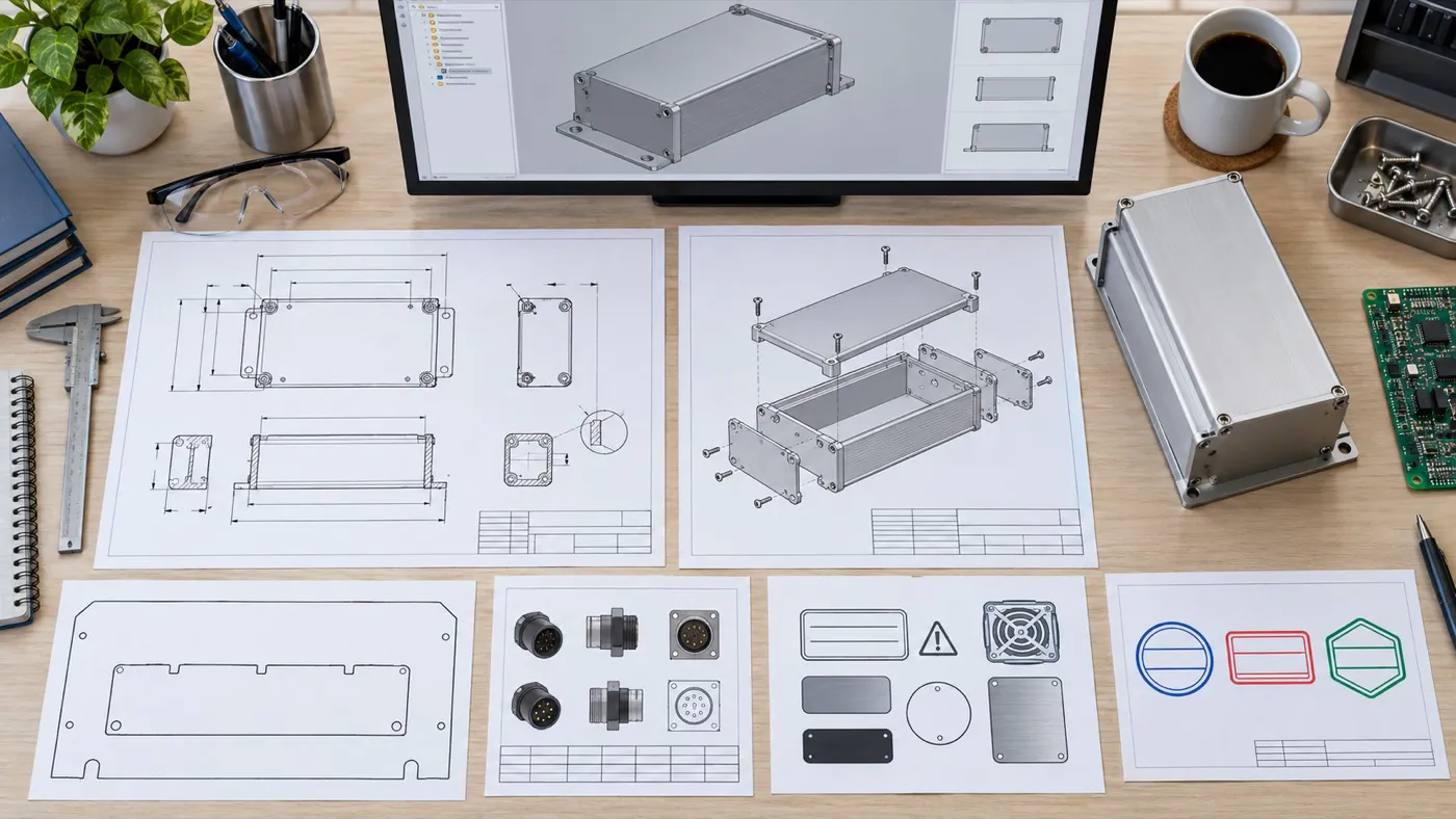 Aluminum enclosure beside controlled drawings, artwork, and revision documents