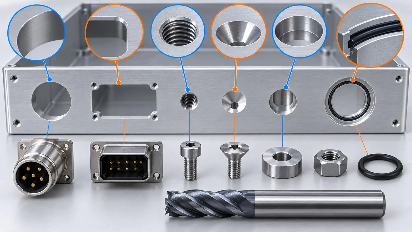 Aluminum enclosure drawing details for cutouts holes threads and machining features