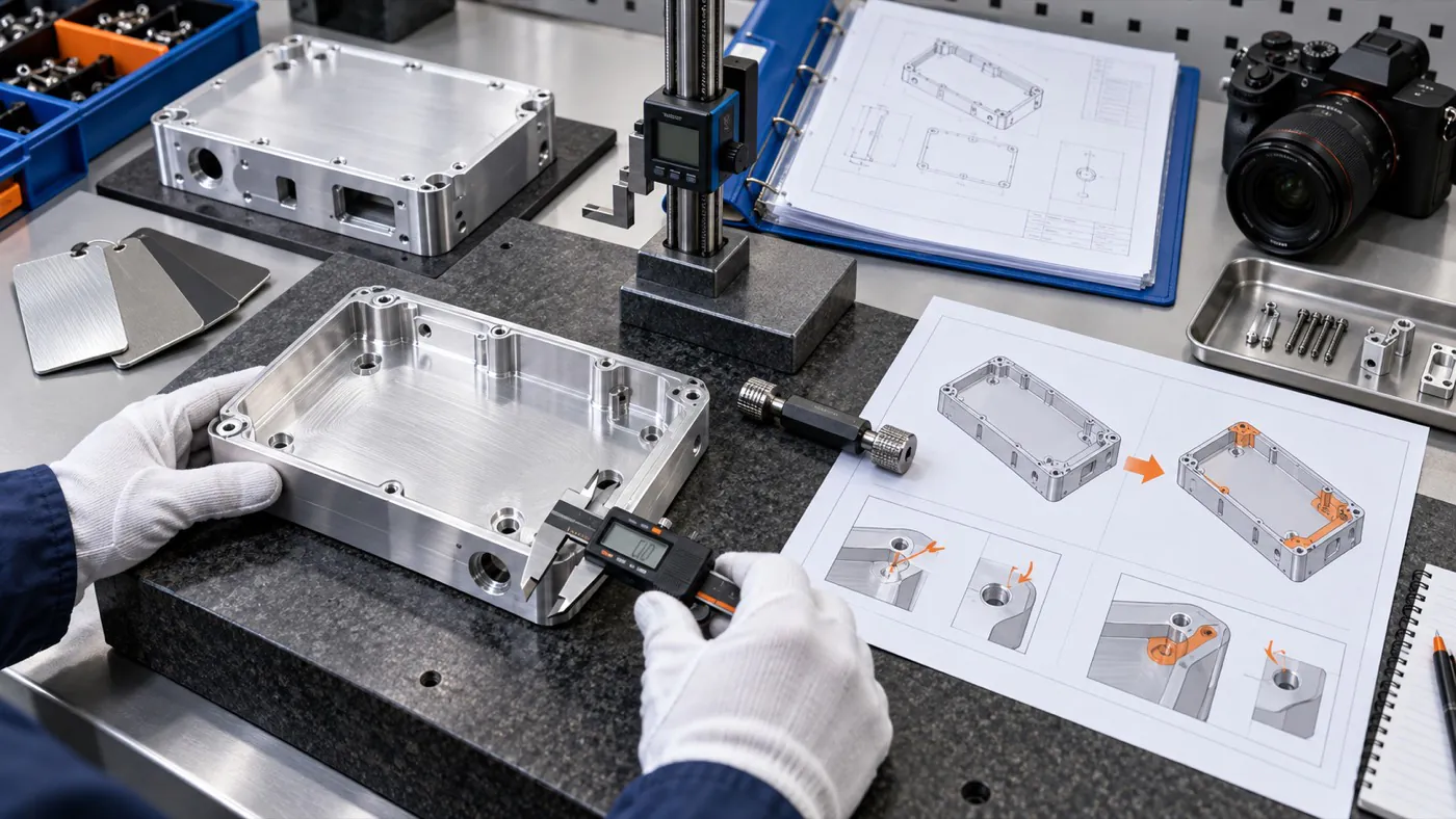 Prototype enclosure sample inspection against a controlled drawing revision