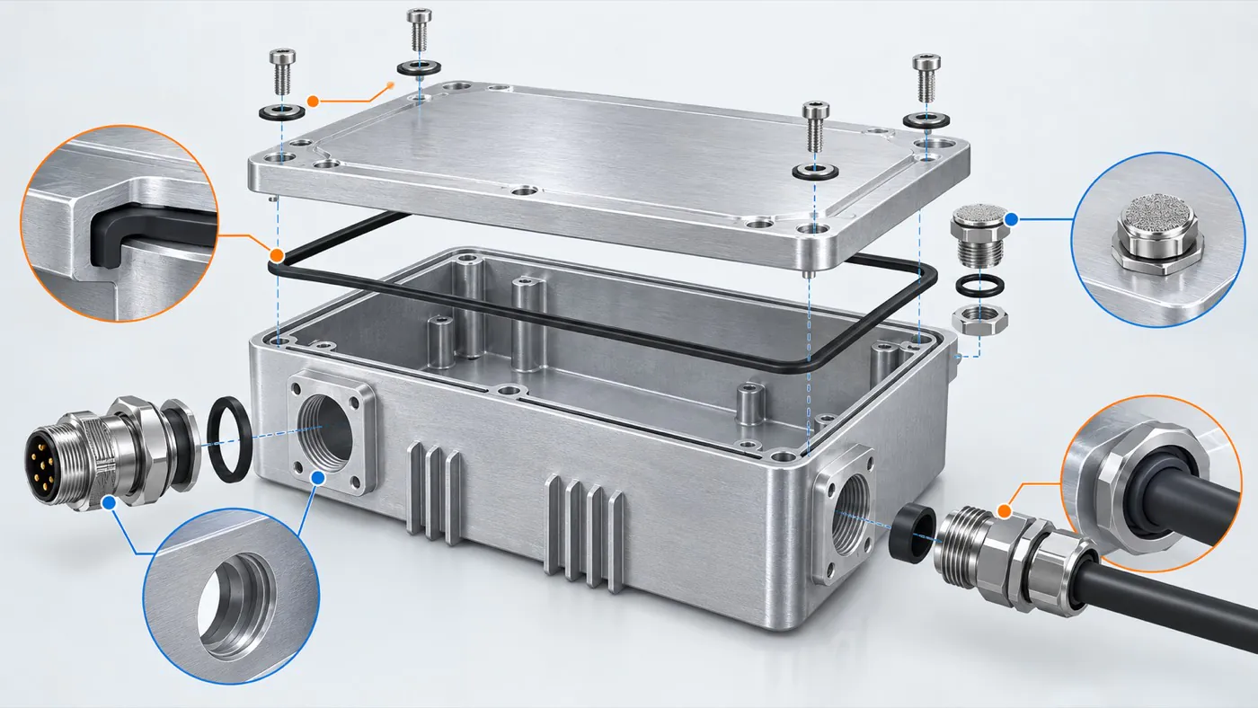 Exploded view of gasket connector and cable entry sealing interfaces
