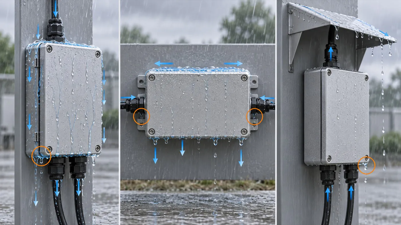 Outdoor enclosure mounting orientations with possible water paths