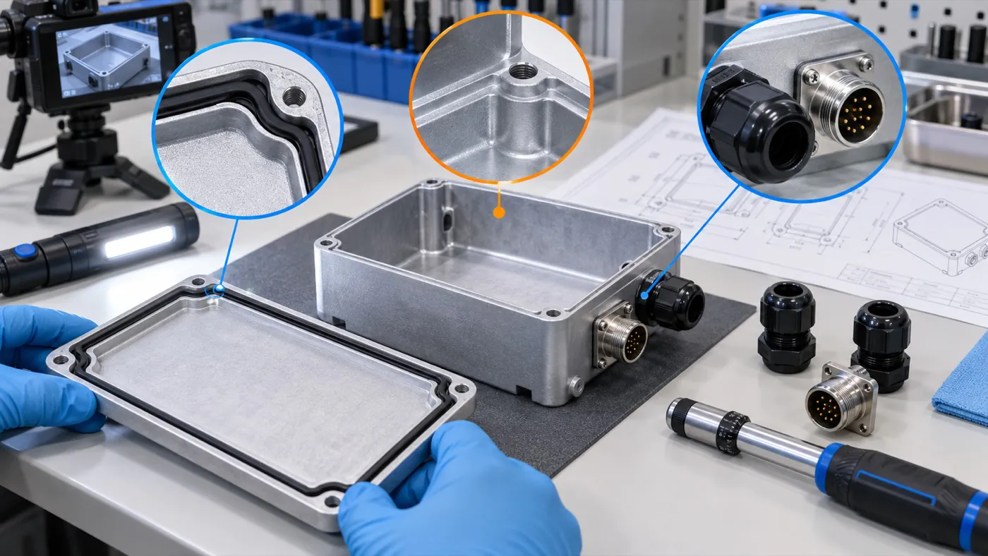 Engineer inspecting enclosure gasket compression and machined sealing surfaces