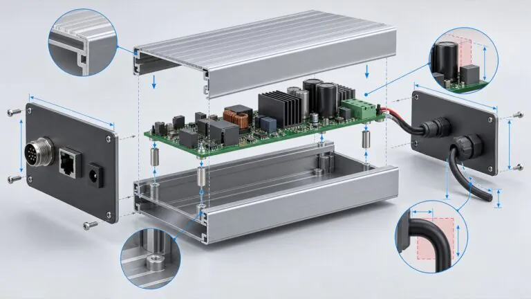 Concept exploded aluminum enclosure showing PCB supports, component clearances, and end-panel connections