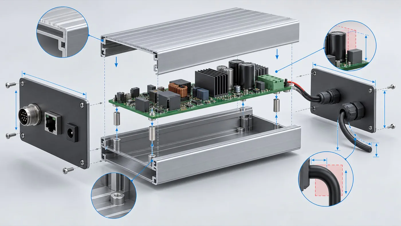 PCB and aluminum enclosure fit with component and cable clearances