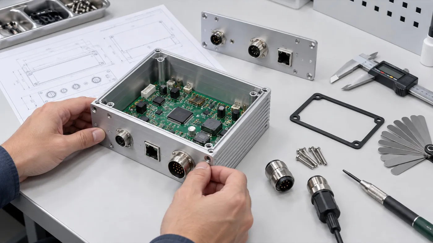 Aluminum enclosure prototype and PCB arranged with inspection tools for fit review
