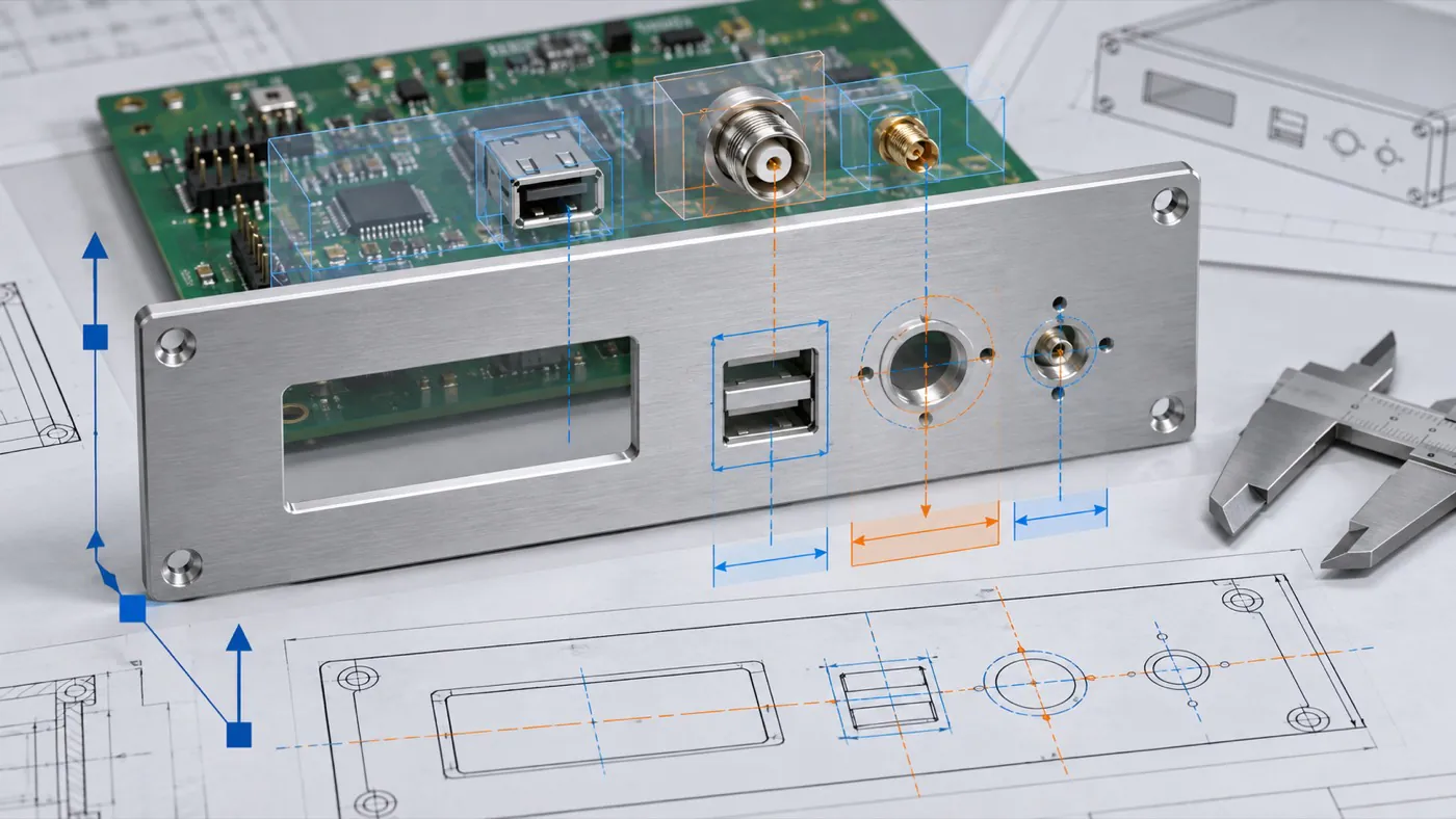 Aluminum end panel and connector cutout drawing with common reference features