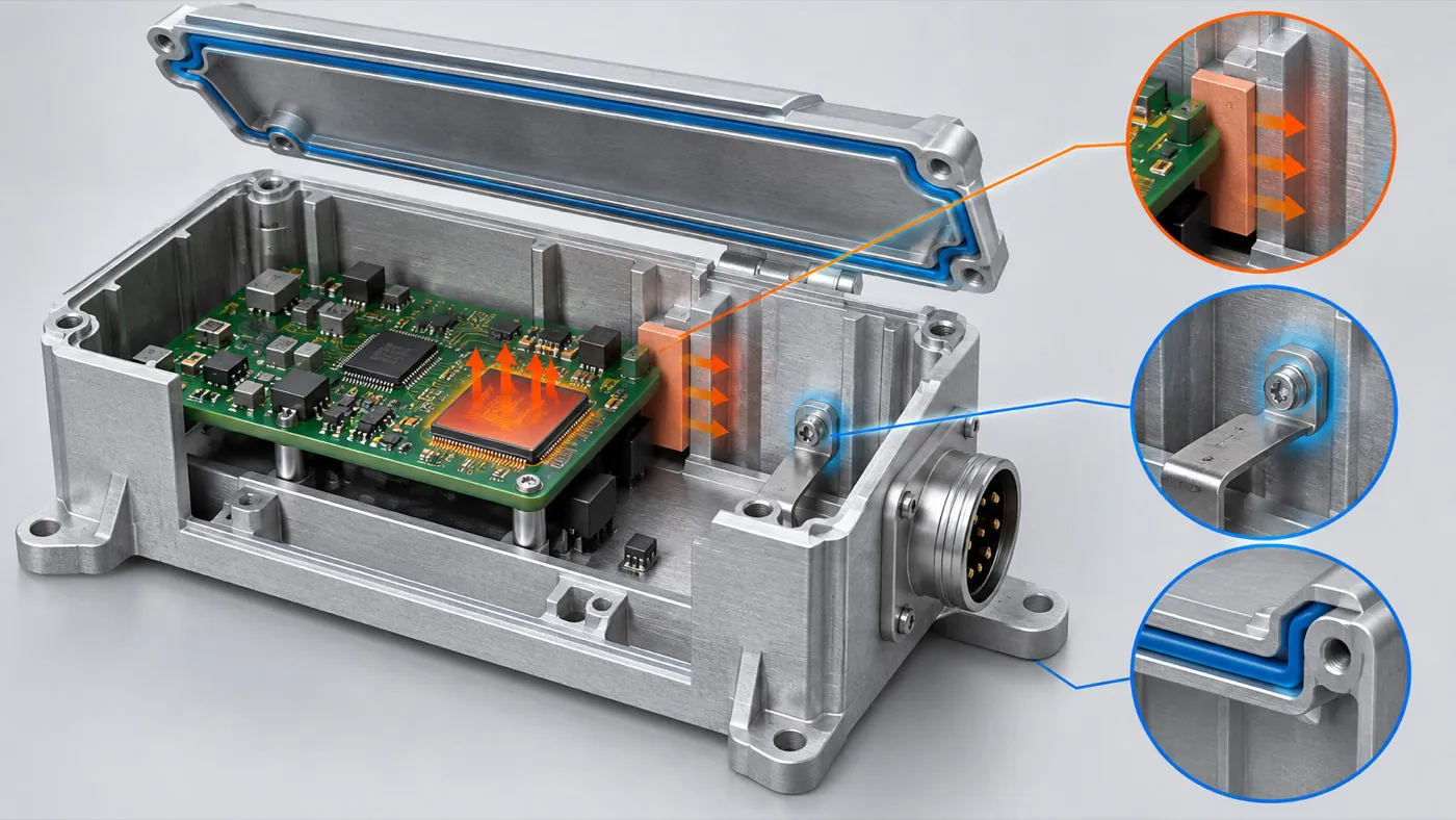 Concept aluminum housing with highlighted thermal contact, electrical connection, and lid-seal interfaces