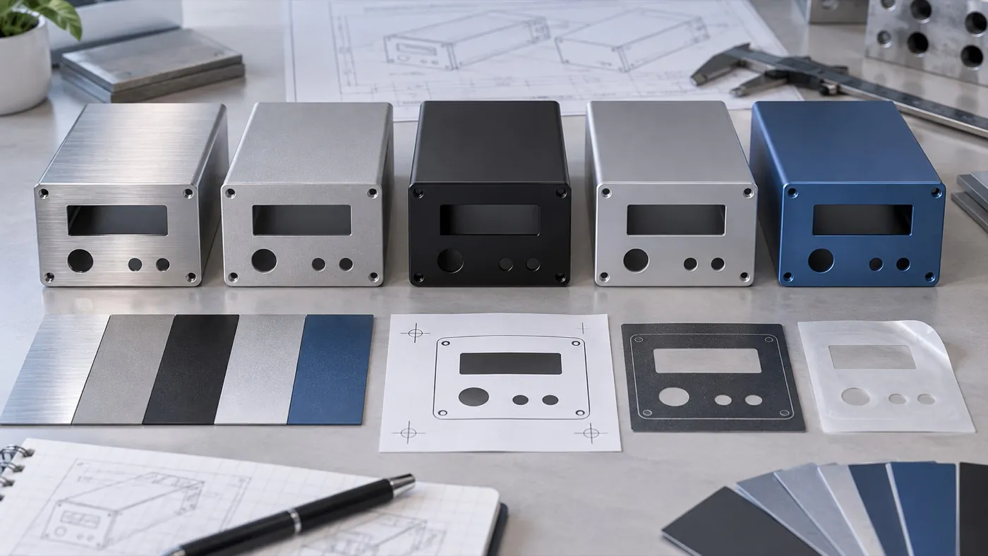 Aluminum enclosure finish color marking and label reference samples