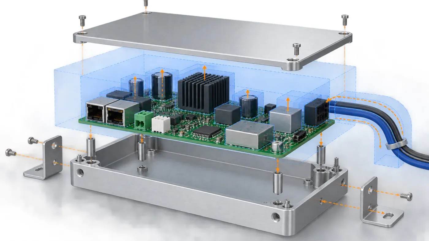 PCB envelope and connectors arranged beside an open aluminum enclosure